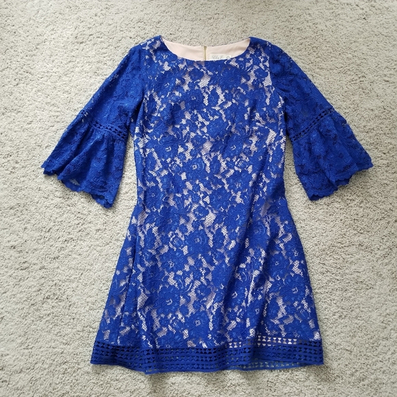 Eliza J Lace Overlay Dress in Cobalt - Picture 2 of 12